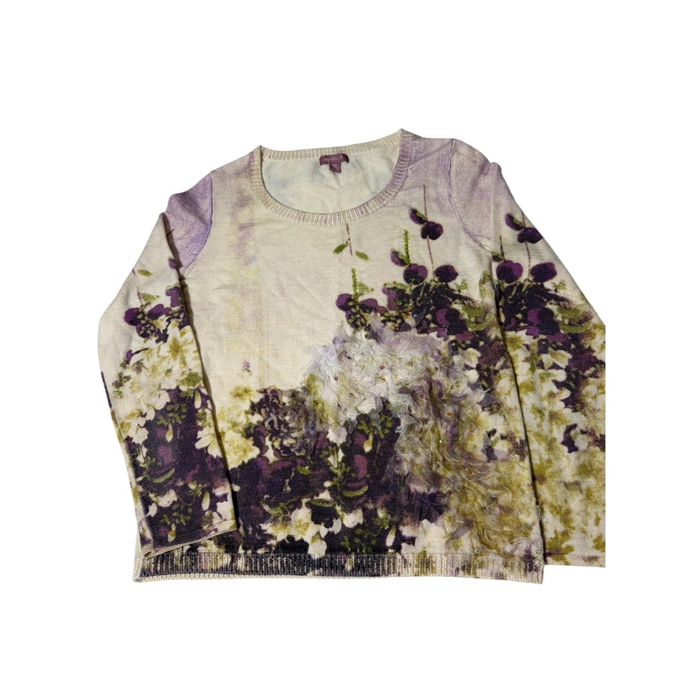 Moiselle Sweater Size 6 Cream Purple Floral Sequin 3D Applique Knit Top